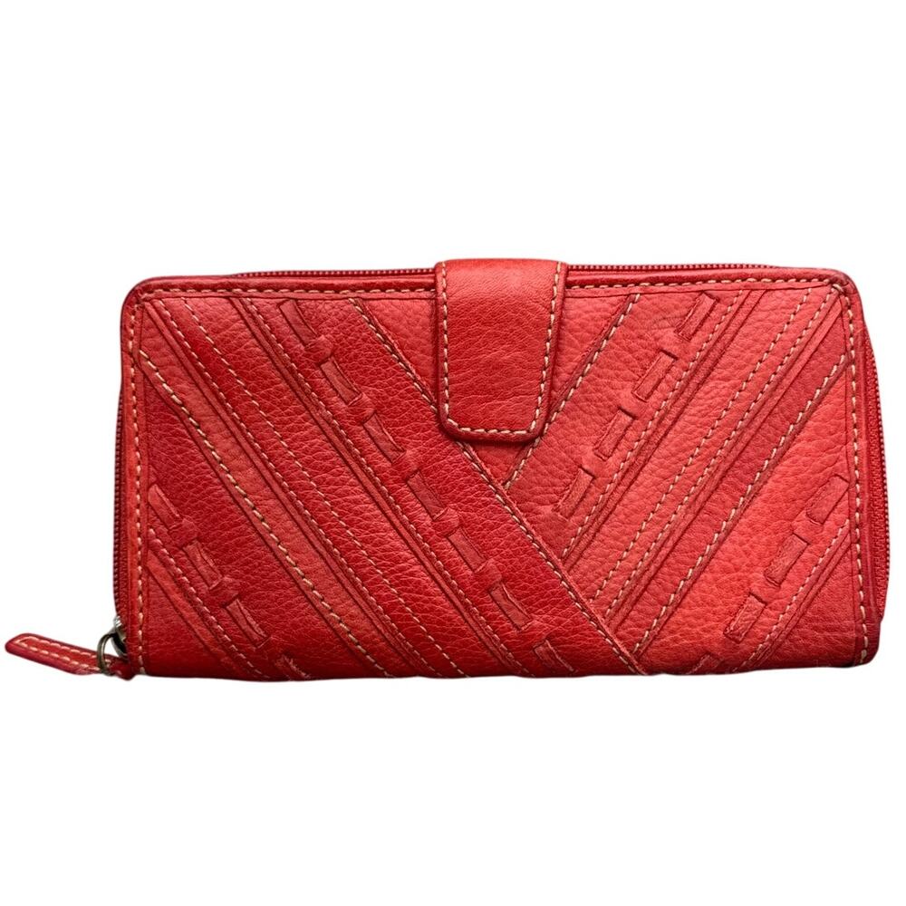 Fossil Red Pebbled Leather Woven Stitch Design 4" x 8" Wallet